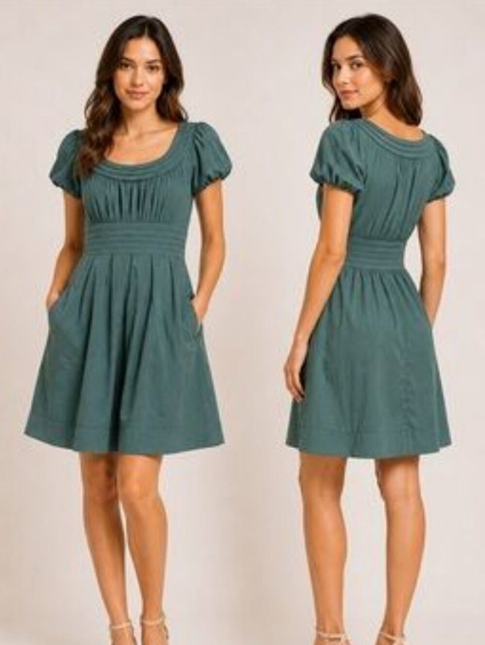 BCBGMaxAzriaโTeal Scoop-Neck Puff Sleeve Fit-and-Flare Dress Size6